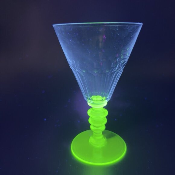 Seneca Theodule Green and Clear Top Uranium Stem Optic Cut Top Goblet Cups Set 2 - Picture 2 of 16